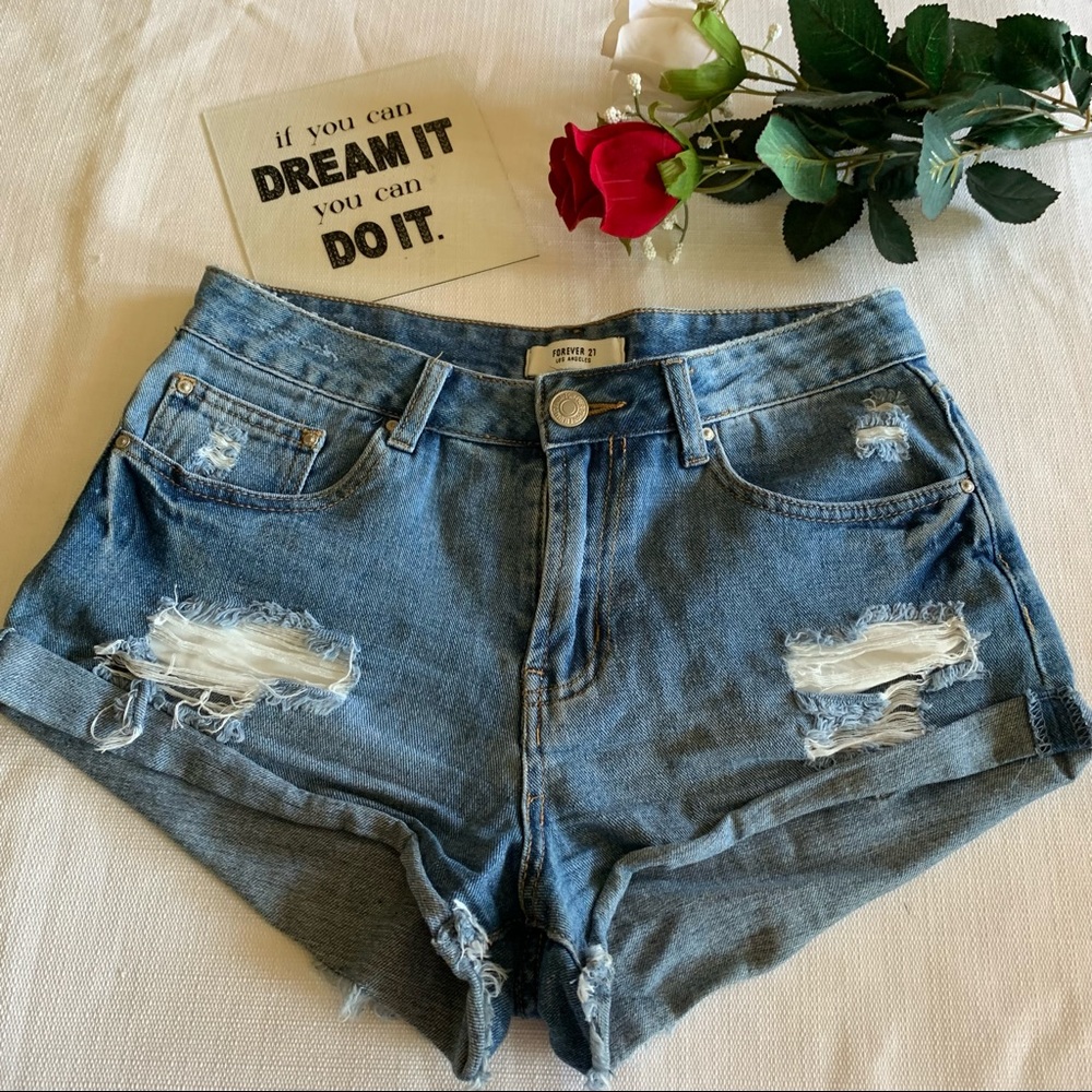 Forever 21 Denim Shorts Mid-Rise Distressed Denim Blue Shorts Size 28.
